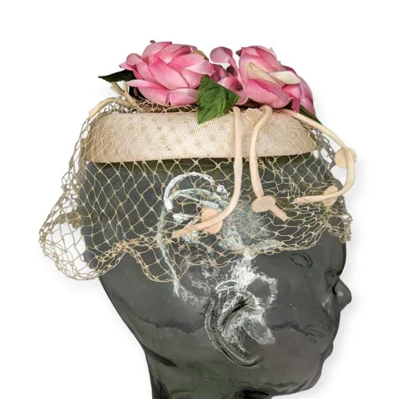 Vintage Ivory & Pink Floral Fascinator Style Hat with Net Veil - Picture 2 of 9